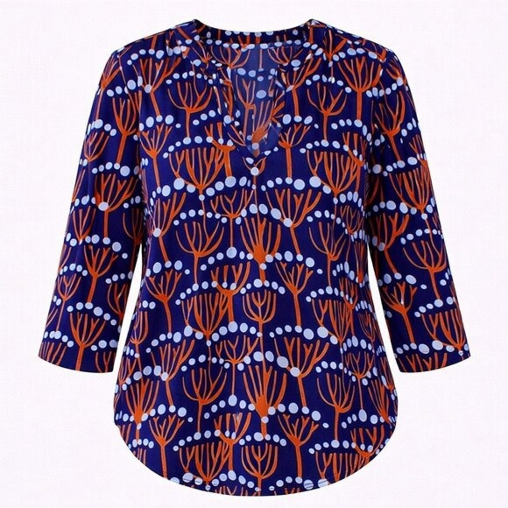 Buckhead Betties Navy Blue Orange Botanical Print‎ Roll Tab Sleeve Tunic Top L